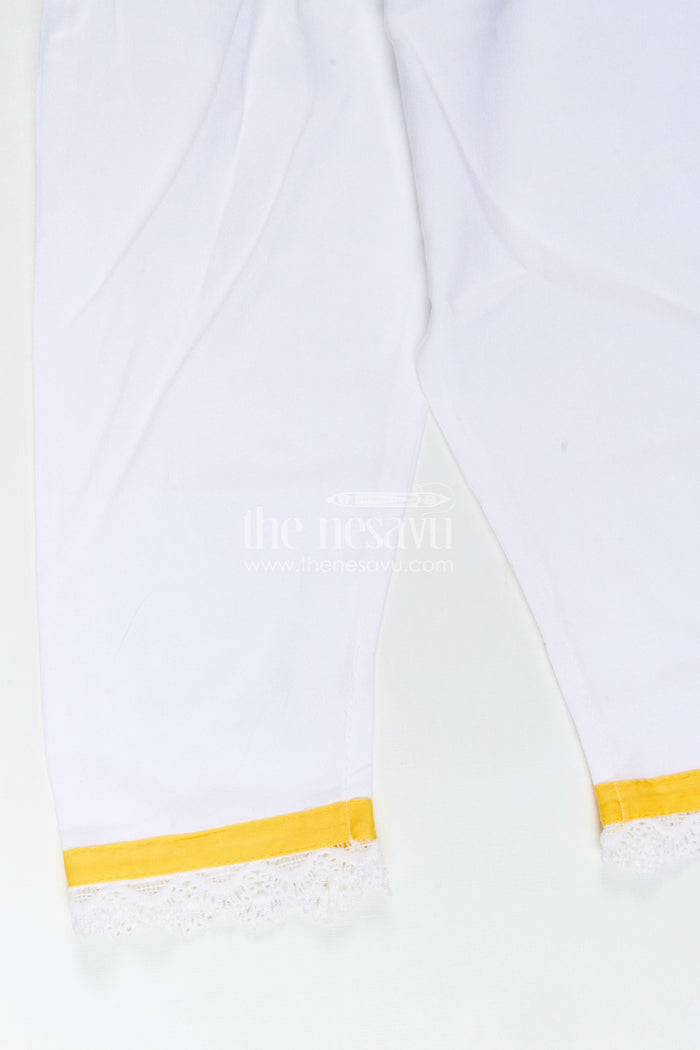 The Nesavu Girls Casual Set Girls Casual Simple Dress Design in Cotton with Yellow Embroidered Top and White Pants with Lace Hem Nesavu Nesavu Girls Casual Simple Dress Design Yellow Embroidered Cotton Top White Pants