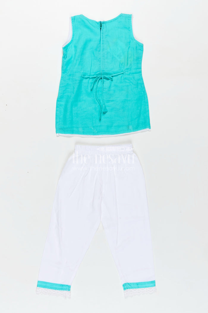 The Nesavu Girls Casual Set Girls Casual Smart Dresses in Cotton with Turquoise Embroidered Sleeveless Top and White Pants Nesavu Nesavu Girls Casual Smart Dresses Cotton Embroidered Turquoise Top White Lace Pants
