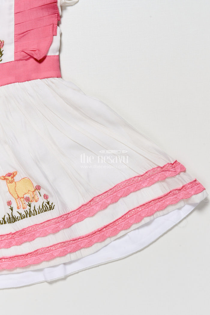 The Nesavu Girls Chanderi Frock Girls Chanderi Cotton Frock with Lamb Embroidery for Birthday Events Nesavu Nesavu girls Chanderi cotton frock lamb embroidery perfect birthdays parties