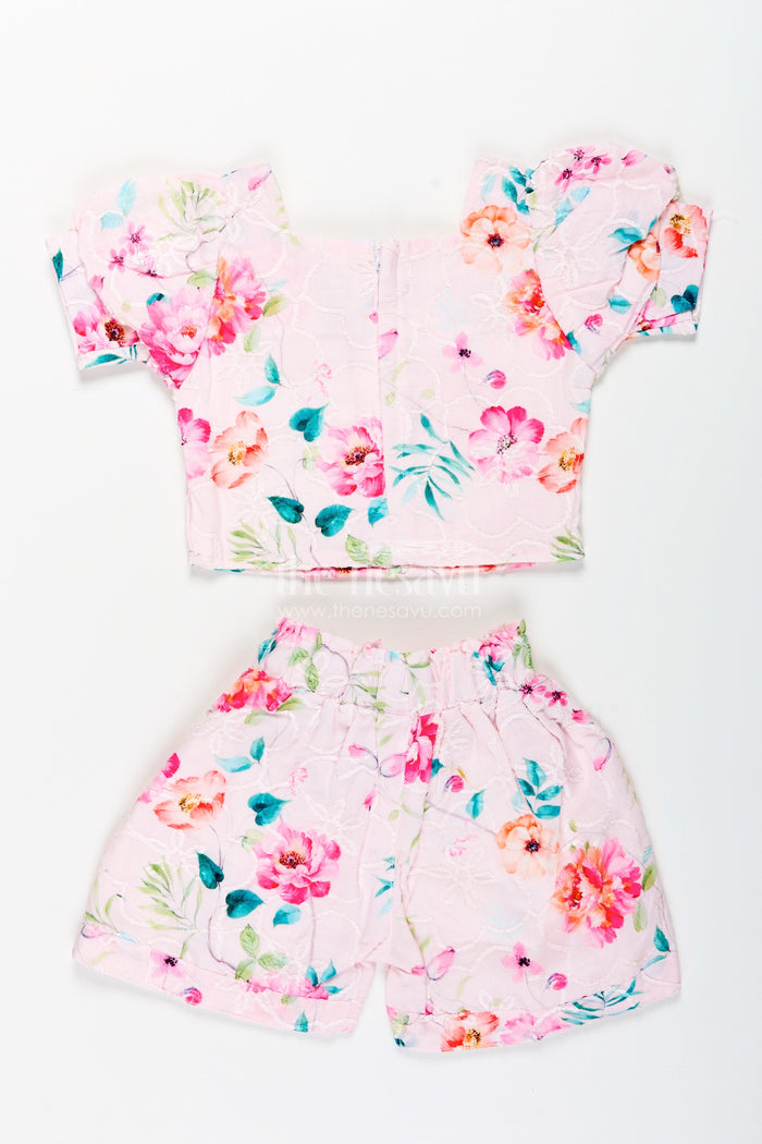 The Nesavu Girls Casual Set Girls Cotton Casual Set with Chikankari Embroidery for Summer Outings Nesavu Nesavu girls cotton casual set floral chikankari embroidery summer playdates