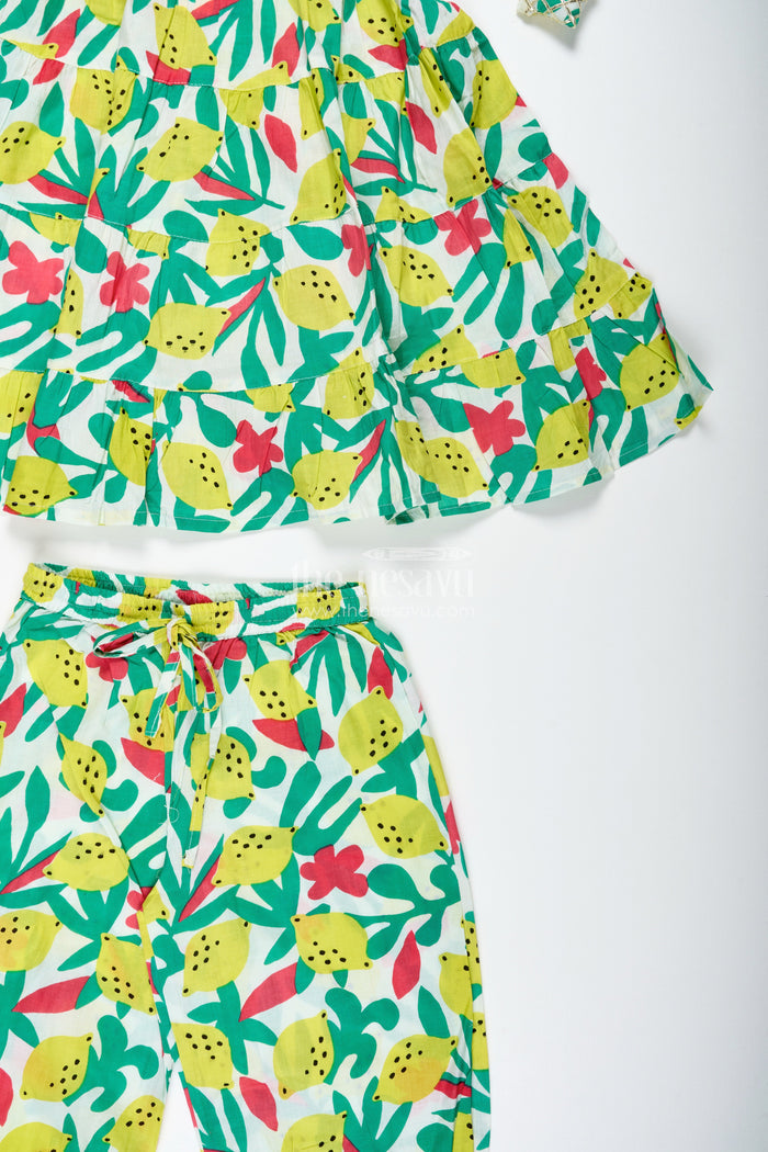 The Nesavu Girls Casual Set Girls Cotton Casual Set with Lemon Print for Summer Fun Nesavu Nesavu Girls Lemon Print Cotton Casual Set Halter Top Comfy Pants Summer Outings