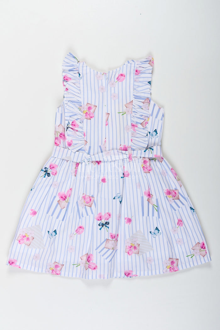 The Nesavu Girls Cotton Frock Girls Cotton Knee Length Frock with Striped Floral Print and Decorative Front Ruffles Nesavu Girls Cotton Frock Floral Stripes Ruffle Detail Knee Length Style | The Nesavu