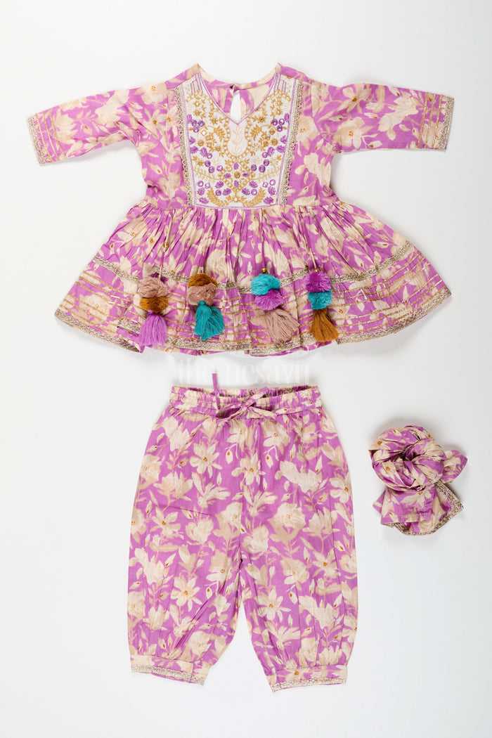 The Nesavu Girls cotton sharara set with floral block print for festive wear Nesavu Nesavu girls cotton sharara set floral block print tassels festive outfit pujas celebrations