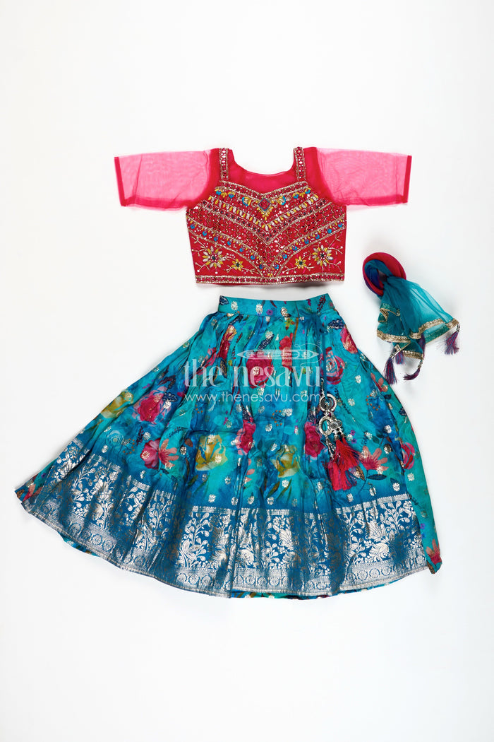 The Nesavu Girls Lehenga Choli Girls Designer Lehenga Choli Wedding Function Wear Nesavu Nesavu Luxury Girls Lehenga Choli Embroidered Red Top Teal Printed Skirt Dupatta