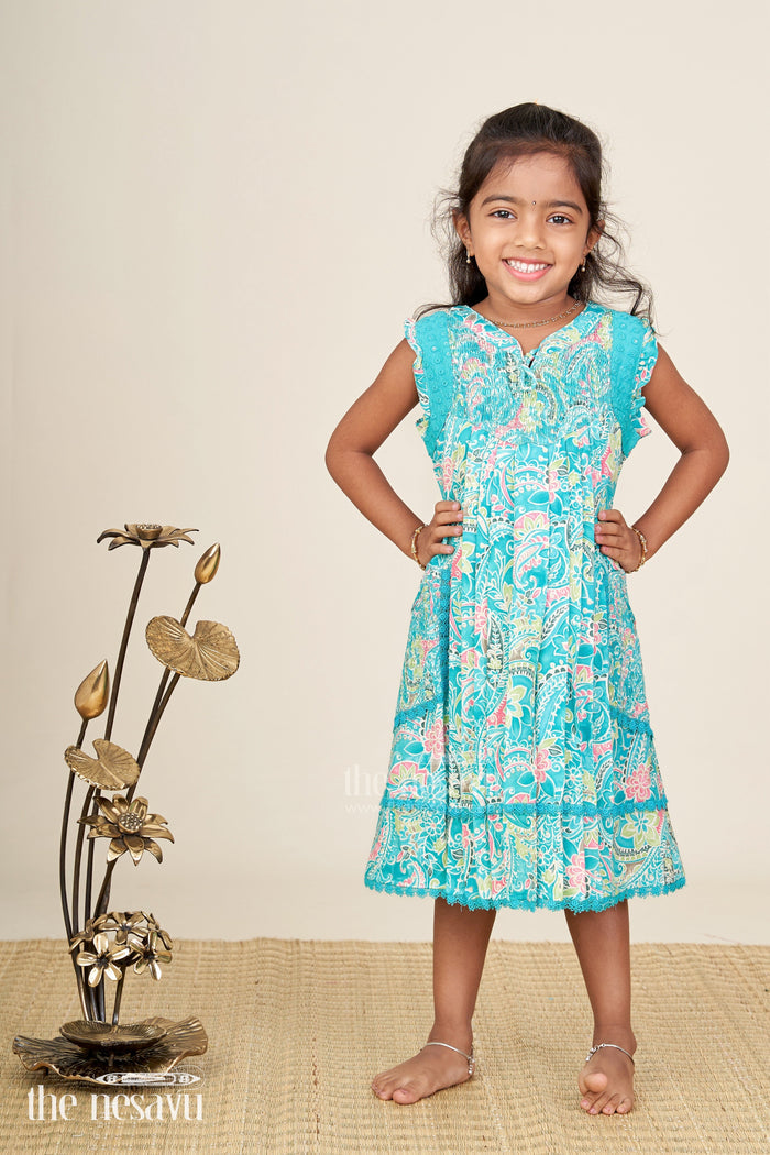 The Nesavu Girls Cotton Frock Girls Dress For Special Occasions Embroidered And Elegant Nesavu Nesavu Girls Teal Dress Special Occasions Cotton Floral Print Shirred Details