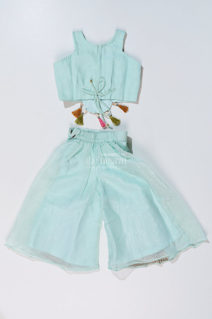 The Nesavu Girls Sharara / Plazo Set Girls Embroidered Plazo Crop Top Set in Aqua Blue with Mirror and Threadwork Details Nesavu Nesavu Girls Aqua Blue Embroidered Plazo Crop Top Set Matching Dupatta