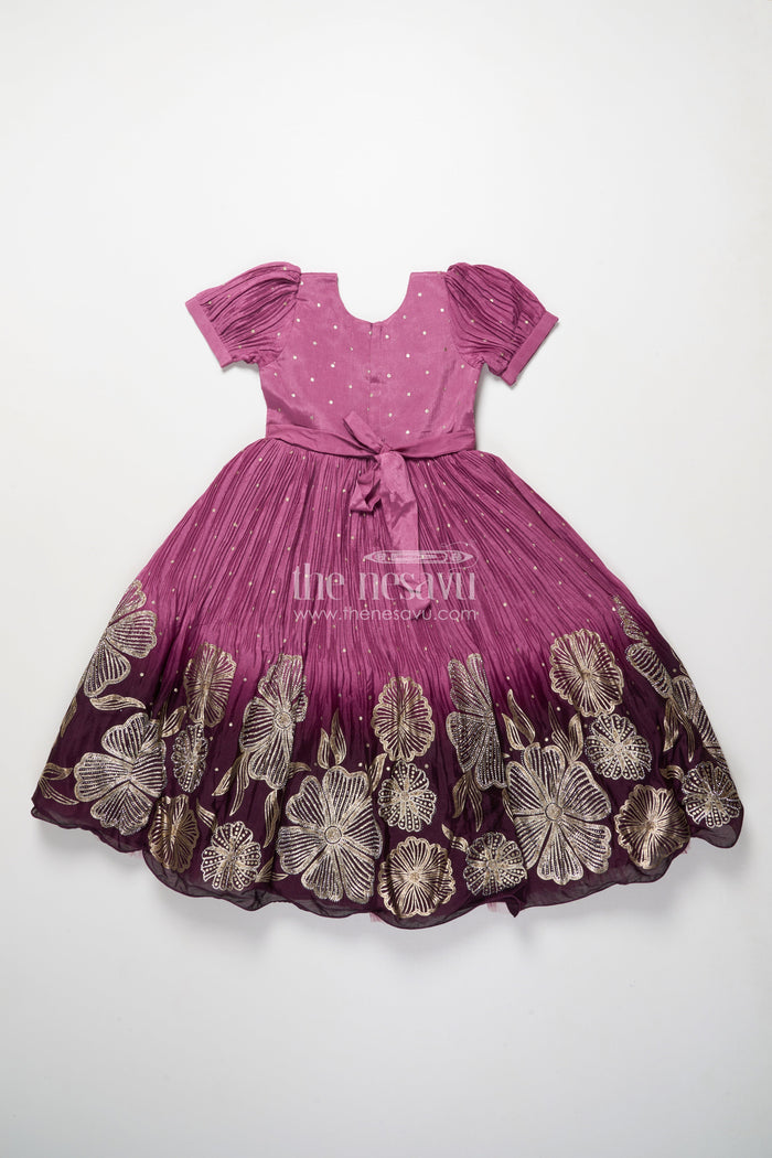 The Nesavu Girls Silk Gown Girls Festive Silk Gown with Floral Designer Yoke Nesavu Nesavu girls festive silk gown designer floral detailing