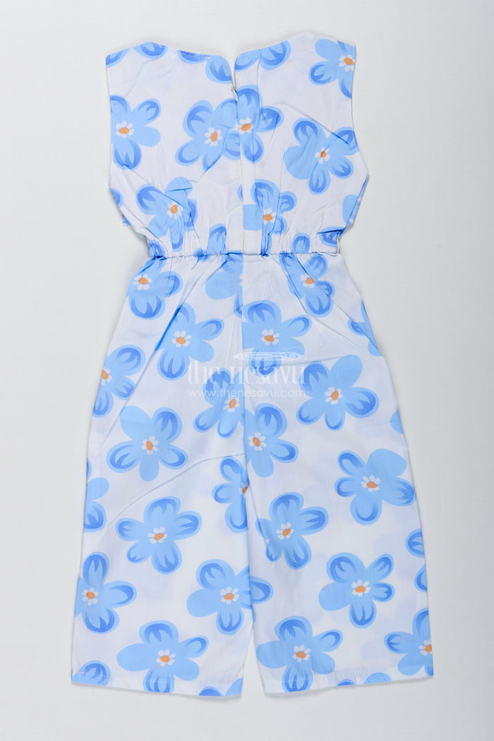 The Nesavu Girls Jumpsuit Girls Floral Cotton Jumpsuit for Summer Photoshoots and Outings Nesavu Nesavu Girls Blue Floral Cotton Jumpsuit Sleeveless Summer Outfit Bold Prints Headband