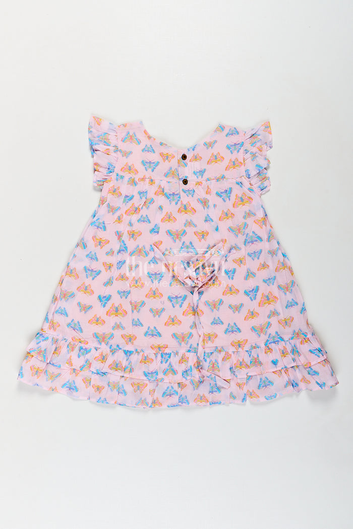 The Nesavu Girls Cotton Frock Girls Frill Sleeve Frock in Cotton with Butterfly Digital Print and Ruffle Hem for Breezy Everyday Style Nesavu Nesavu Girls Frill Sleeve Frock Cotton Butterfly Digital Print Ruffled Hem Design
