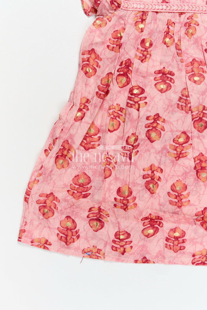 The Nesavu Girls Fancy Frock Girls Frock Type One Piece in Pink Rayon with Leaf Motifs and Frilly Sleeves for Casual Chic Nesavu Nesavu Pink Rayon Frock Type One Piece Bold Leaf Digital Prints Ruffle Hem