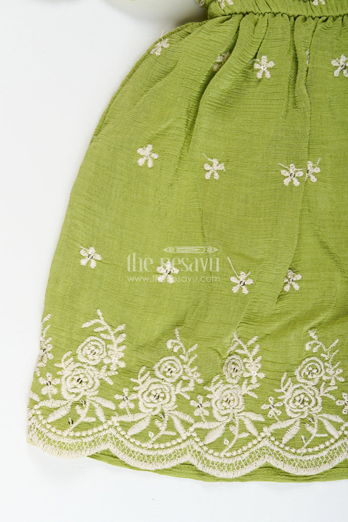 The Nesavu Girls Cotton Frock Girls green cotton frock with embroidery for birthdays and festive wear Nesavu Nesavu girls green cotton frock thread embroidery festive occasions birthdays