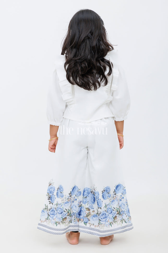 The Nesavu Girls Sharara / Plazo Set Girls Half White Sharara Set with Blue Floral Embroidery and Ruffled Top Nesavu Nesavu Girls Half White Sharara Set Blue Floral Embroidery Ruffled Top Celebrations