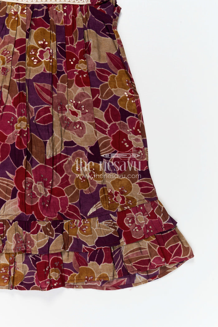 The Nesavu Girls Fancy Frock Girls Latest New Frock Design in Maroon Modal Silk with Floral Digital Print and Embellished Yoke Nesavu Nesavu Girls Latest New Frock Design Modal Silk Floral Digital Print Lace Yoke