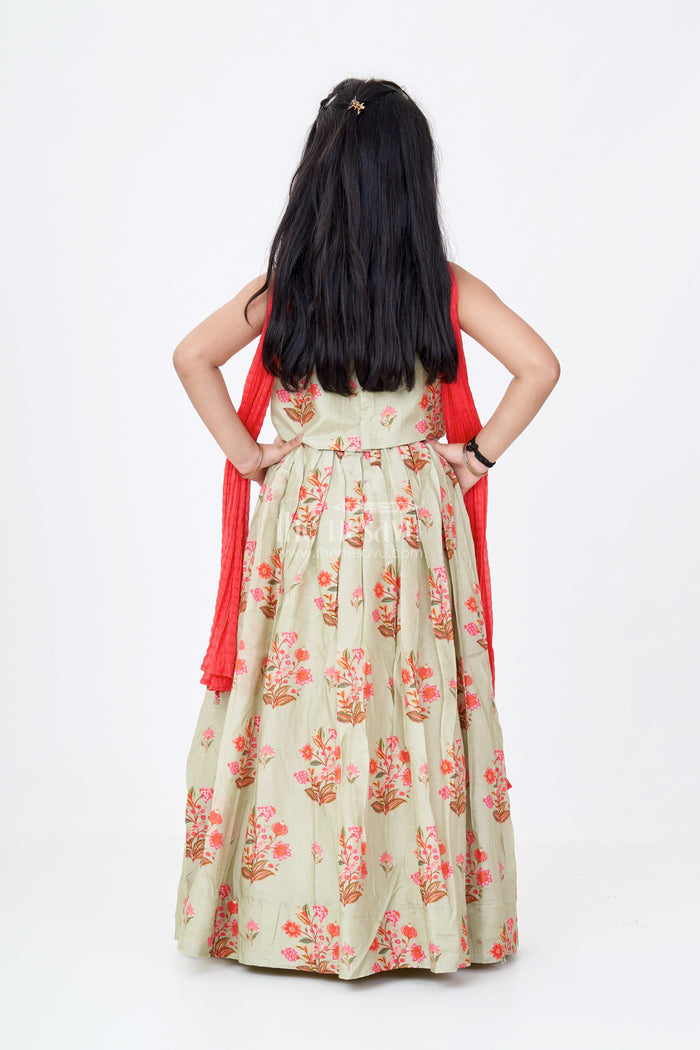 The Nesavu Girls Lehenga Choli Girls Lehenga Pista Colour in Viscose Silk with Mirror Embroidery and Red Dupatta for Festive Look Nesavu Girls Lehenga Pista Colour Viscose Silk Mirror Embroidery Floral Dupatta Set | The Nesavu