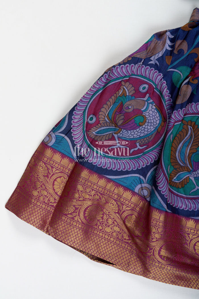The Nesavu Girls Lehenga Choli Girls Lehenga Trendy with Semi Silk Printed Skirt and Mirror Embroidered Choli in Peacock Motif Nesavu Nesavu Girls Peacock Print Lehenga Semi Silk Mirror Work Blouse lehenga trendy Style