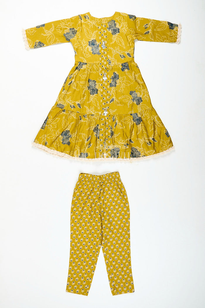 The Nesavu Girls Sharara / Plazo Set Girls mustard sharara set with black floral print for festive wear Nesavu Nesavu girls mustard sharara set with floral digital print and button-front kurti