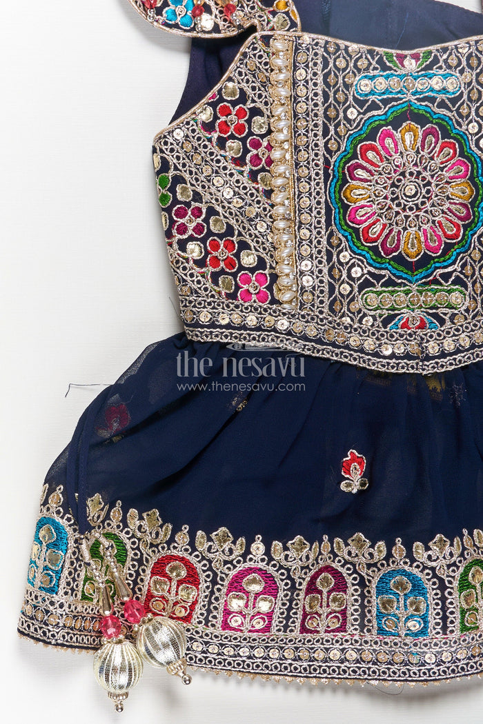 The Nesavu Girls Churidar Sets Girls Navy Blue Georgette Churidar Dress with Thread Embroidery and Colorful Sequins for Festive Charm Nesavu Girls Navy Blue Embroidered Georgette Churidar Dress Sequins Cultural Flair | The Nesavu
