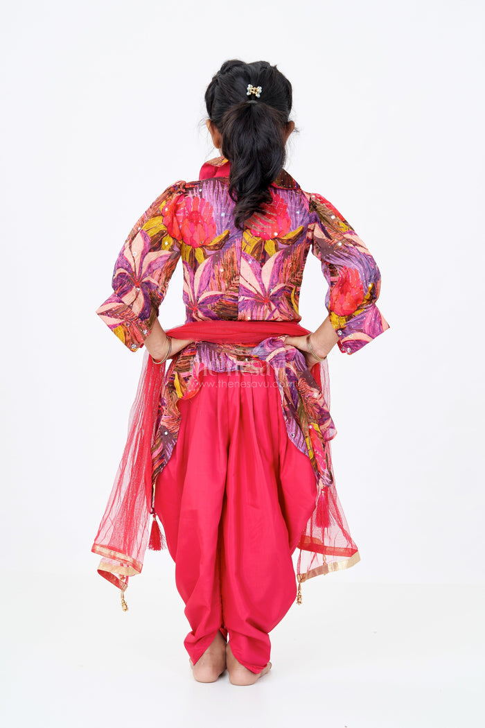 The Nesavu Girls Dothi Sets Girls Party Dothi Dress with Printed Jacket and Draped Pants in Red Nesavu Girls Party Dothi Dress Printed Jacket Draped Pants Red | The Nesavu