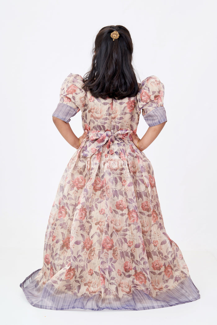 The Nesavu Girls Casual Gown Girls Party Gowns in Gold Tissue Fabric with Floral Digital Print and Puff Sleeves for Stylish Occasions Nesavu Girls Party Gowns Gold Tissue Floral Digital Print Embellished Details Elegant Celebrations | The Nesavu