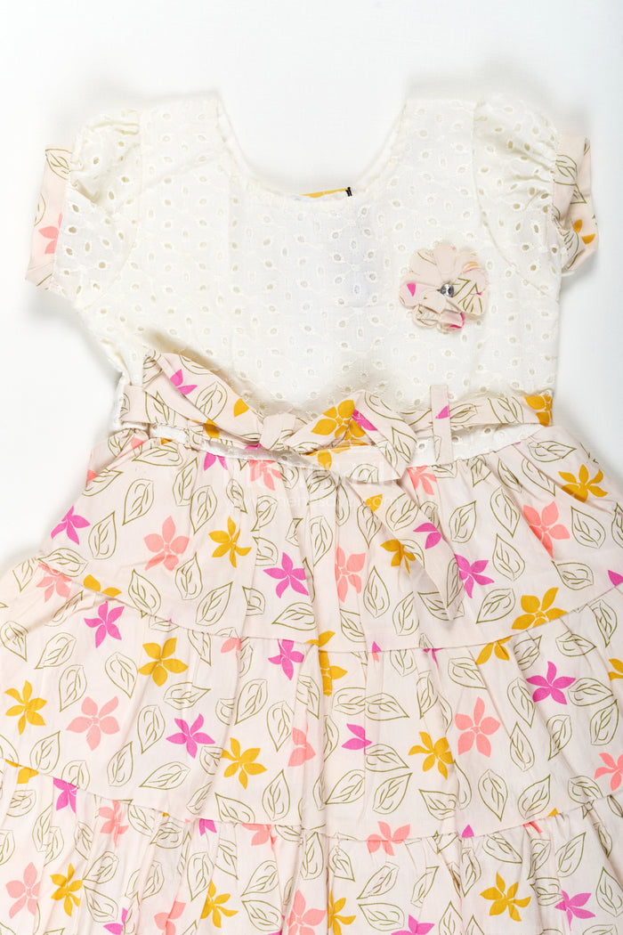 The Nesavu Girls Cotton Frock Girls Party Wear Cotton Frock with Eyelet Hakoba Top and Colorful Digital Print Skirt Nesavu Party Wear Cotton Frock for Girls with Hakoba Embroidery and Digital Floral Skirt | The Nesavu
