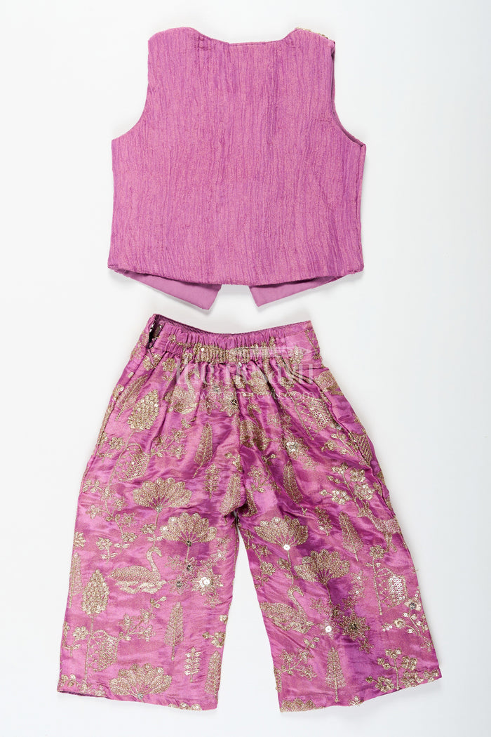 The Nesavu Girls Sharara / Plazo Set Girls Party Wear Sharara with Crop Top in Blended Silk Featuring Zari Thread Embroidery and Sequins Nesavu Nesavu Girls Party Wear Sharara Crop Top Set in Blended Silk with Zari and Sequin Embroidery