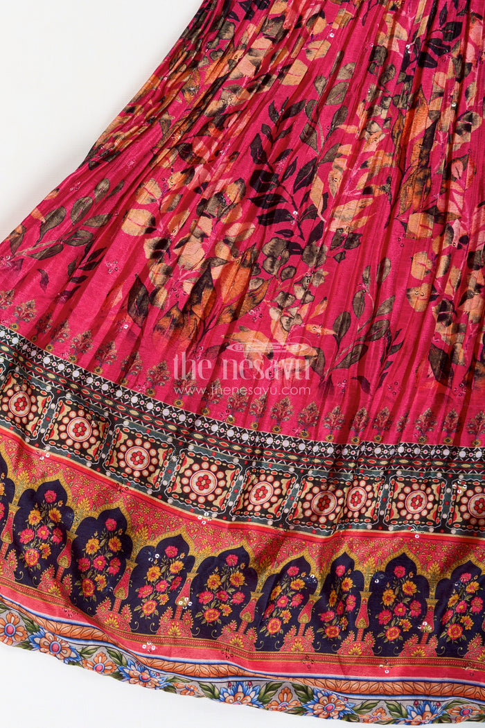 The Nesavu Girls Silk Gown Girls Pink Chinon Anarkali with Traditional Print and Flared Skirt for Elegant Anarkali Gown Dress Look Nesavu Nesavu Girls Chinon Pink Anarkali Gown Digital Floral Prints Elegant anarkali gown dress Style
