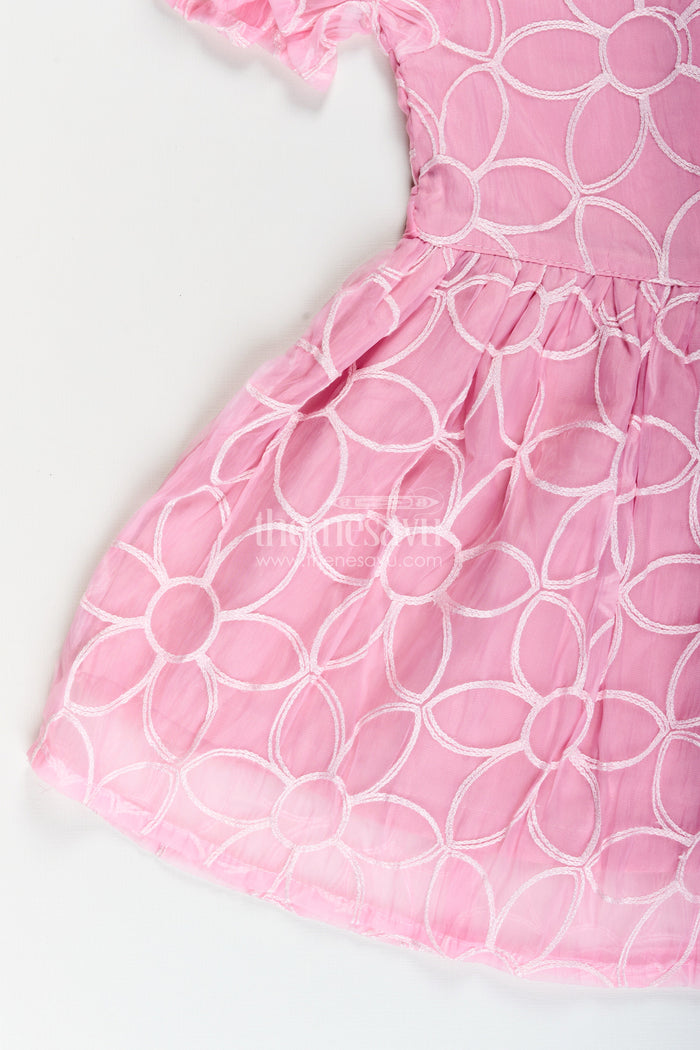 The Nesavu Girls Fancy Frock Girls pink embroidered organza frock with floral brooch for festive wear Nesavu Nesavu girls pink embroidered organza frock puff sleeves floral brooch birthdays
