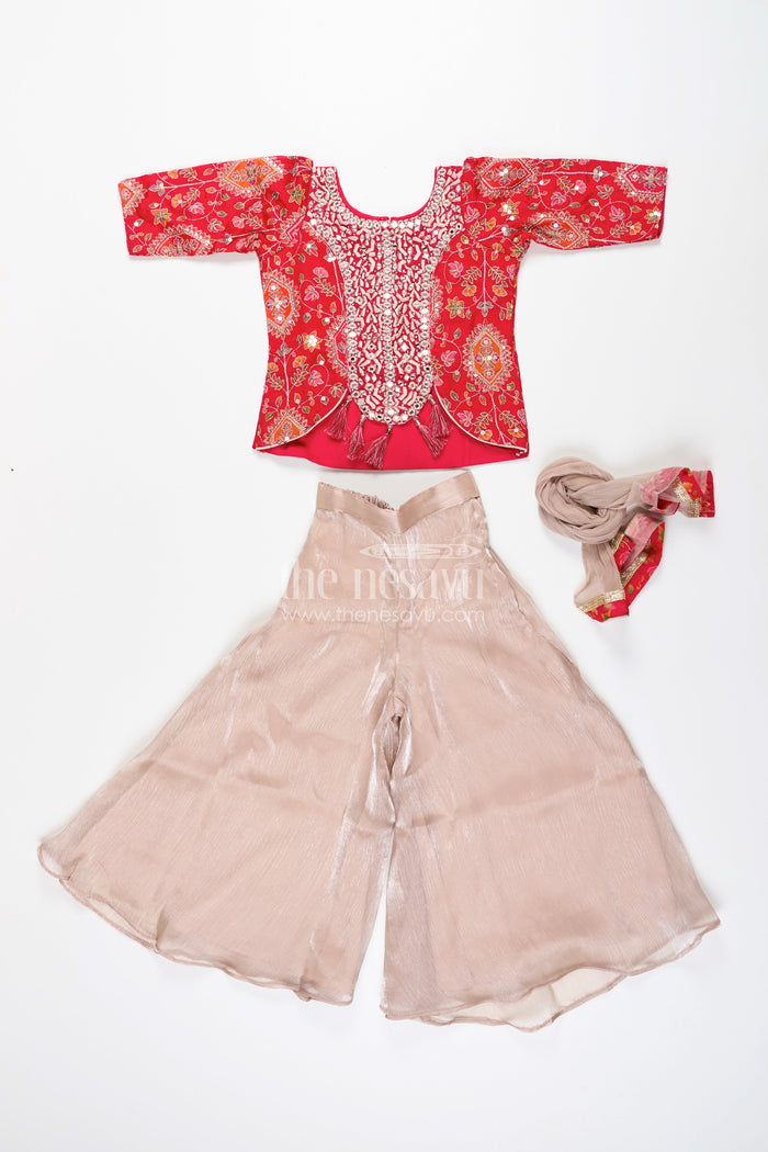 The Nesavu Girls Sharara / Plazo Set Girls plazo set with mirror embroidery jacket for festive celebrations Nesavu Nesavu plazo set embroidered jacket festive outfit girls