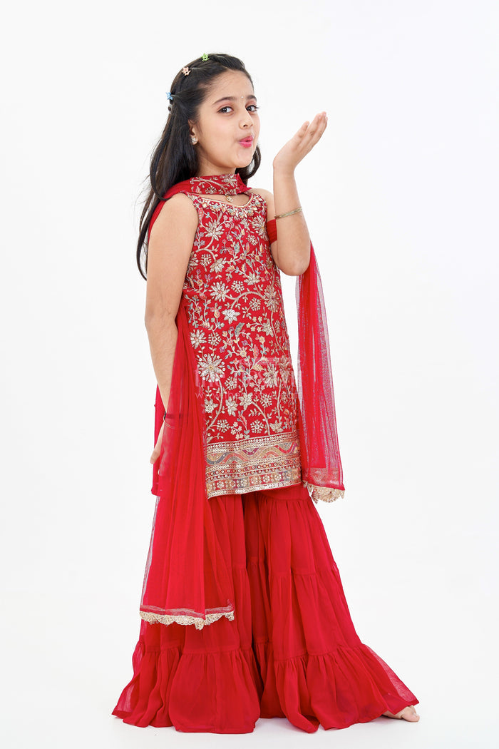 The Nesavu Girls Sharara / Plazo Set Girls Red Plazo Set with Embroidered Top and Flowy Georgette Bottoms for Festive Wear Nesavu 20 (3Y) / Pink GPS524A-20 Girls Red Plazo Set Embroidered Top Layered Palazzo Pants Festive Wear | The Nesavu