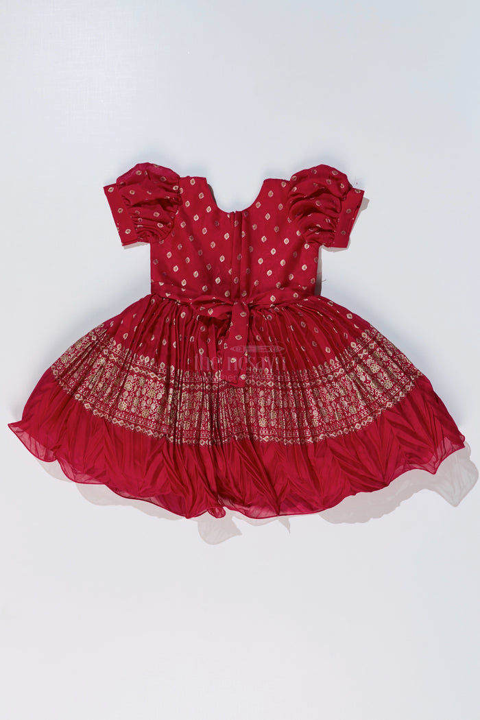 The Nesavu Silk Party Frock Girls Red Raw Silk Frock with Gold Zari Embroidery and Flared Silhouette for Special Occasions Nesavu Nesavu Girls Red Raw Silk Frock Gold Zari Embroidery Flared Silhouette