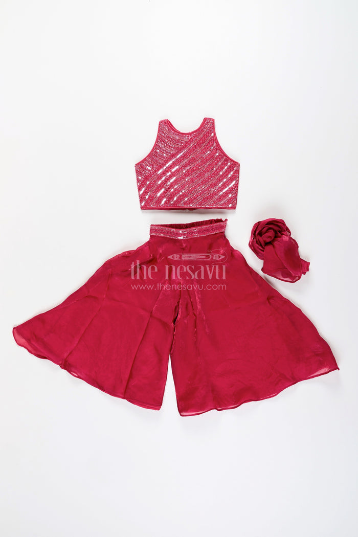 The Nesavu Girls Sharara / Plazo Set Girls red sharara set with sequin blouse for party and wedding wear Nesavu Nesavu red sharara set girls sequin embroidered top perfect weddings parties