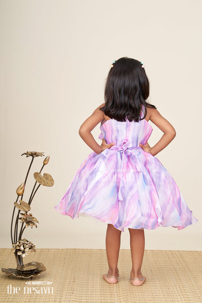 The Nesavu Girls Fancy Party Frock Girls satin pastel swirl party frock with oversized flower detail Nesavu Nesavu girls satin swirl print party frock with oversized flower pastel festive wear