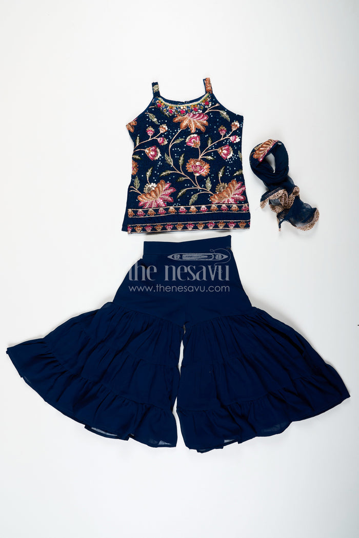The Nesavu Girls Sharara / Plazo Set Girls Western Sharara Set in Navy Blue with Embroidered Spaghetti Top and Flowy Pants Nesavu Nesavu Girls Western Sharara Set Navy Blue Embroidered Spaghetti Top Dupatta