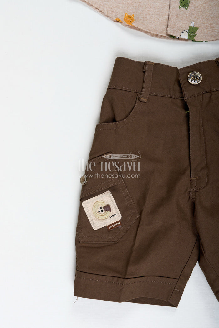 The Nesavu Boys Casual Set Jungle Print Shirt and Cargo Shorts Set for Toddler Boys Nesavu Nesavu Jungle Animal Print Toddler Shirt Brown Cargo Shorts Set Soft Cotton Fabric