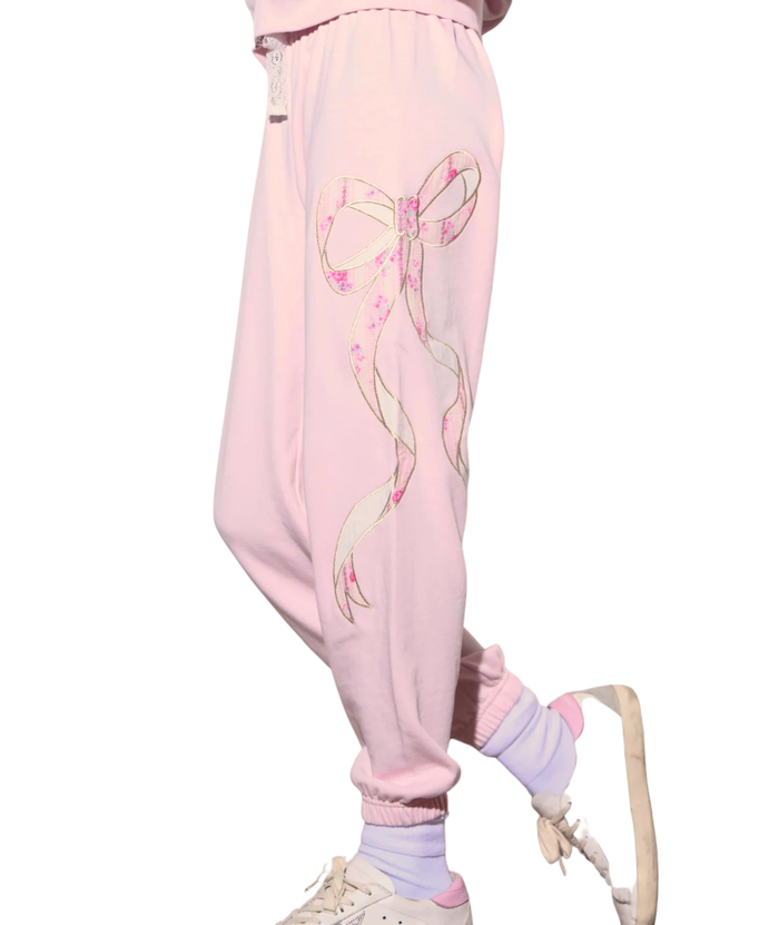 Katie J NYC Girls Dylan Bow Sweatpants Pale Pink/Rose Floral Girls Casual Bottoms Katie J NYC