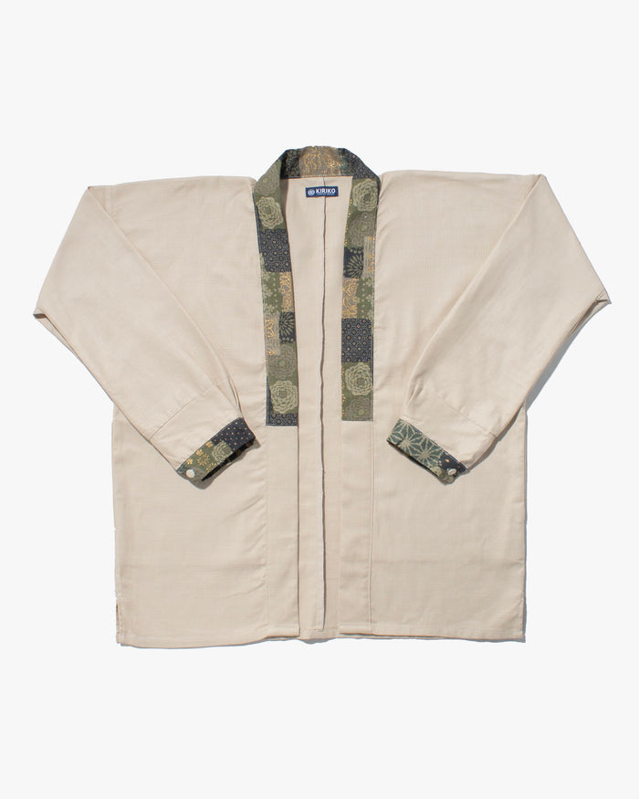 Kiriko Original Jacket, Modern Noragi, Cream and Multi Patchwork, Sage and Gold