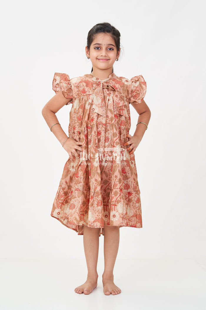 The Nesavu Girls Cotton Frock Modal Silk Frocks for Kids in Floral Printed Blend with Frill Sleeves and Soft Flared Layers Nesavu 18 (2Y) / Brown GFC1695B-18 Modal Silk Frocks Kids Floral Digital Print Ruffle Sleeves Breathable Modal Silk Blend | The Nesavu
