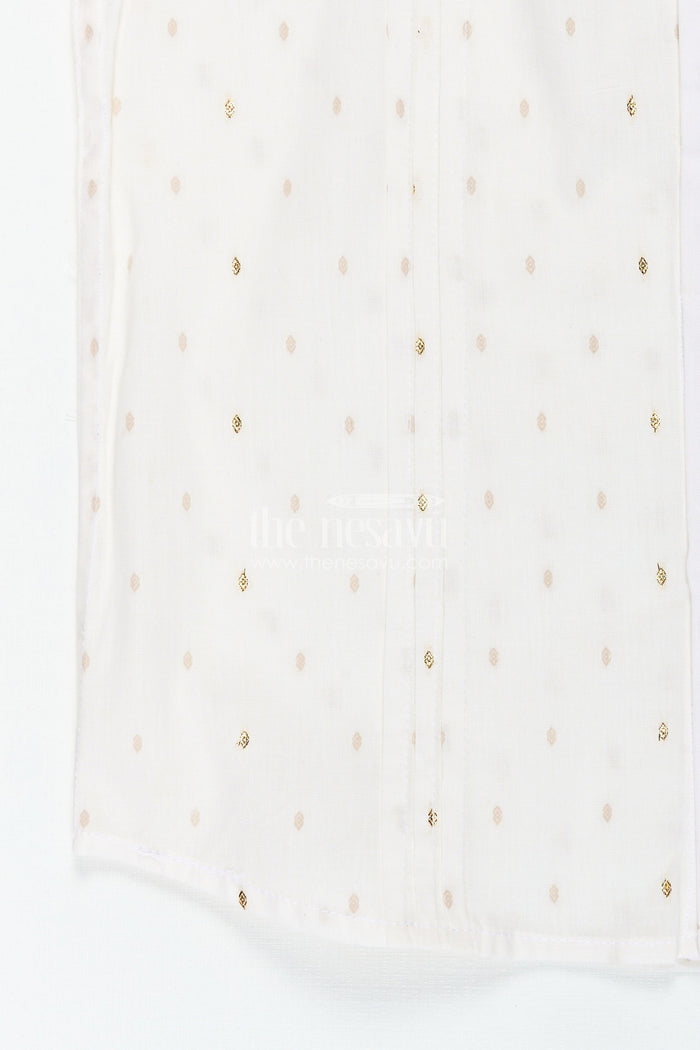 The Nesavu Boys Cotton Shirt Off White Printed Cotton Shirt for Boys with Gold Butta Design for Subtle Festive and Everyday Wear Nesavu Nesavu Off White Cotton Shirt Boys Subtle Gold Butta Design Festive Casual Style