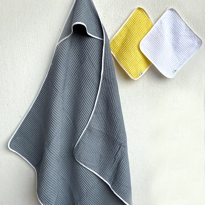 ORGANIC WAFFLE HOODED TOWEL SET - GREY (All Ages)