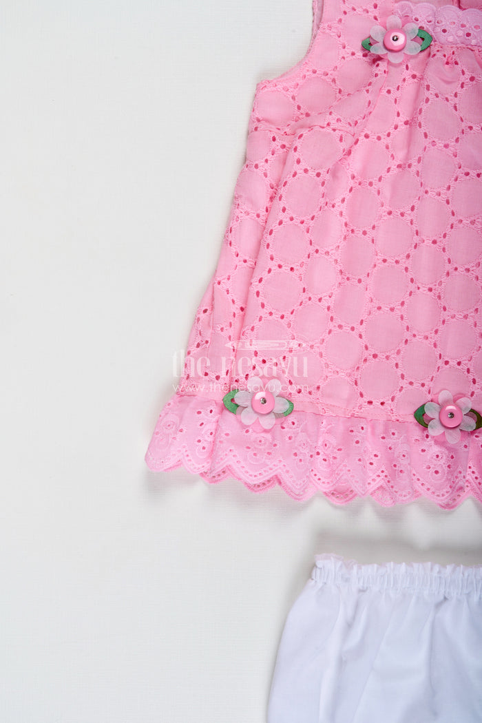 The Nesavu Baby Cotton Frocks Party Cotton Dress for Girls Hakoba Bloomer Set Nesavu Nesavu Pink Cotton Embroidered Party Frock Girls Floral Trim Matching Bloomer