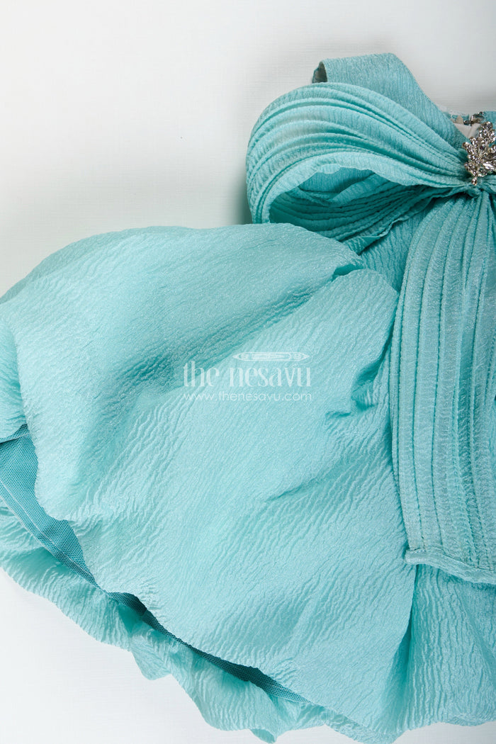 The Nesavu Girls Fancy Party Frock Party Wear Frock For Baby Girls Cute Bow Design And Flare Nesavu Nesavu Sea Green Girls Occasion Frock Crushed Organza Crystal Bow Puff Sleeves