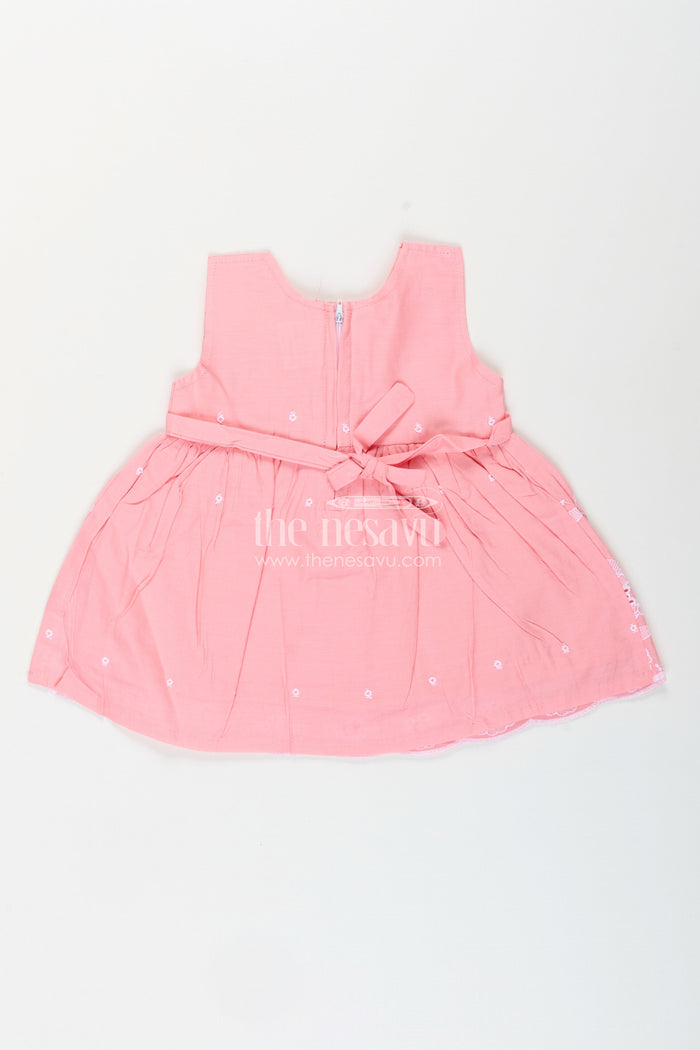 The Nesavu Baby Cotton Frocks Pink frock for baby girls with white floral embroidery Nesavu Nesavu pink sleeveless frock for baby girls with floral embroidery and scalloped hem