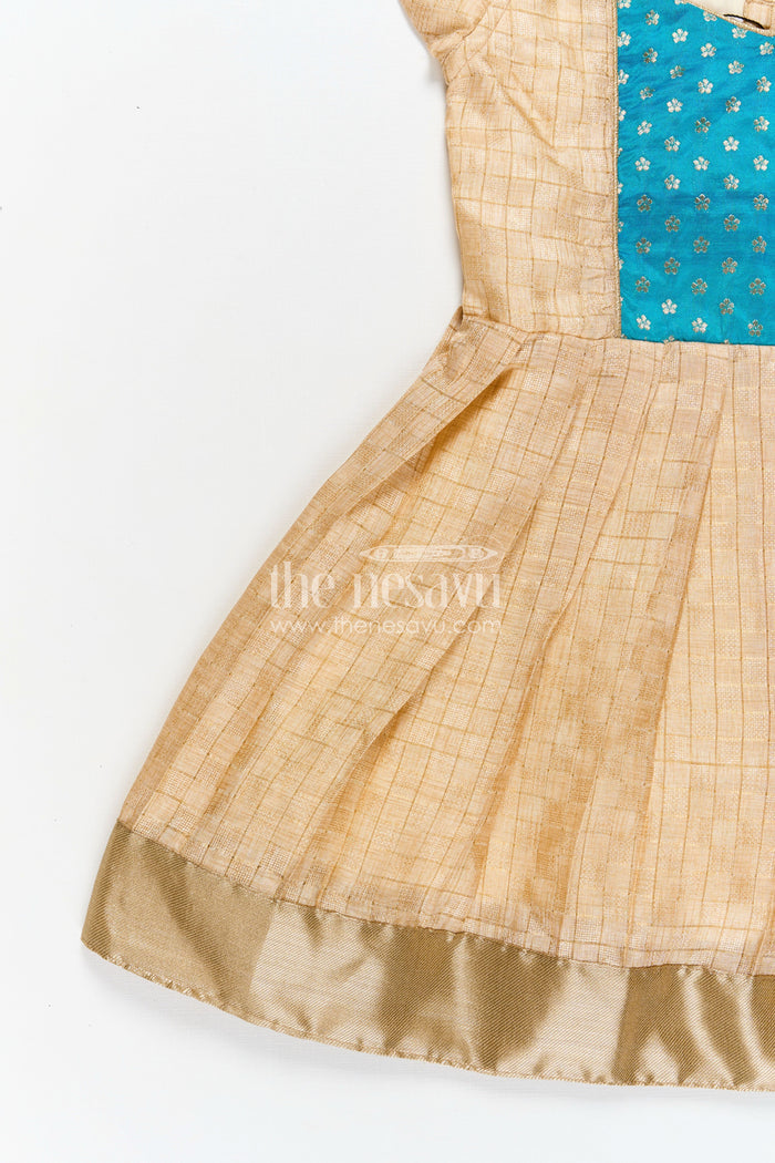 The Nesavu Silk Frock Raw Silk Frock Design for Girls with Gold Silk Cotton and Embellished Teal Yoke for Traditional Appeal Nesavu Nesavu Raw Silk Frock Design Girls Teal Embellished Yoke Golden Silk Cotton Finish