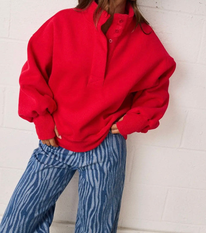 RESTOCK :: High Collar Half Button-Up Relaxed Fit Pullover Sweatshirt - Red