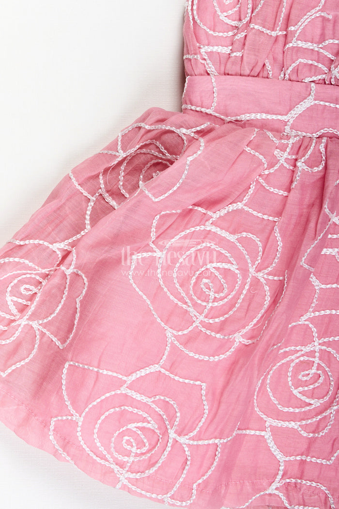 The Nesavu Baby Cotton Frocks Rose Pink Baby Girl Cotton Frock with Embroidery & Floral Details Nesavu Nesavu Embroidered Cotton Frock Baby Girls Rose Pink Party Dress Floral Detailing