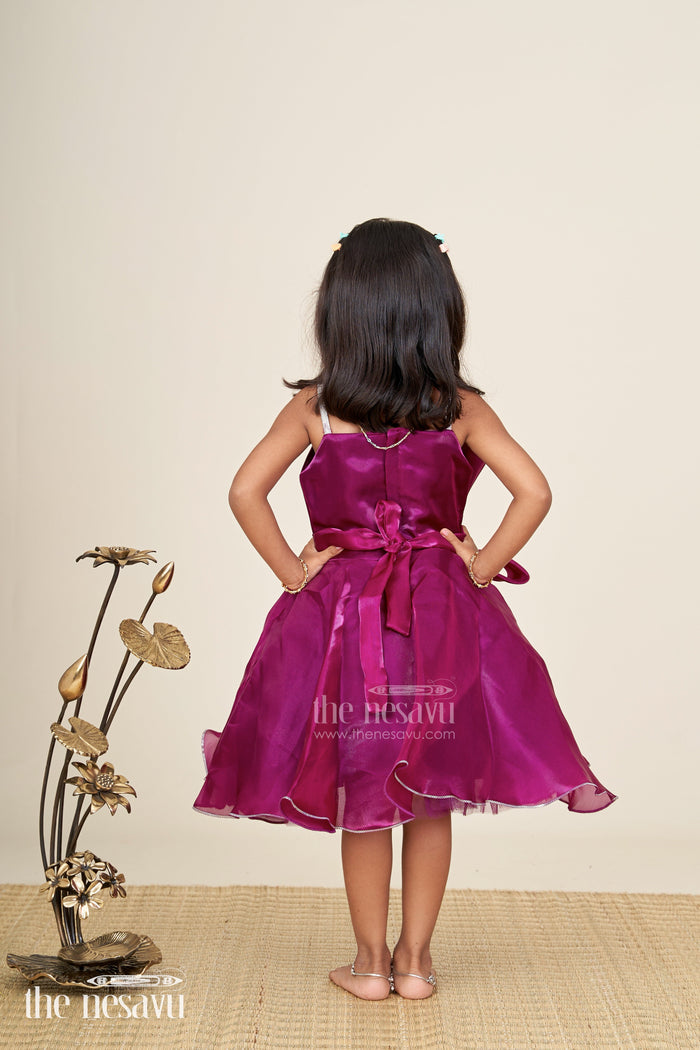 The Nesavu Girls Fancy Party Frock Satin fancy frock for baby girls with layered skirt and floral belt Nesavu Nesavu baby girl purple satin party frock with layered skirt and waist embellishment
