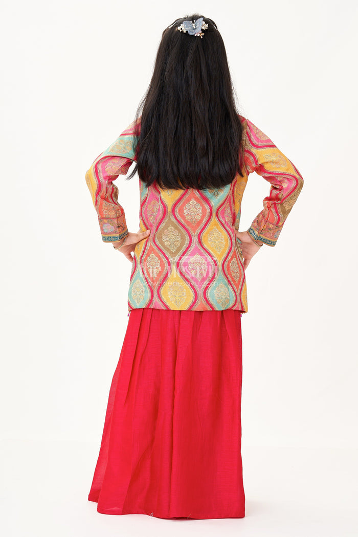 The Nesavu Girls Sharara / Plazo Set Sharara Designer Set in Pure Viscose Silk with Printed Jacket and Red Flared Pants Nesavu Sharara Designer Set Girls Red Viscose Silk Digital Print Jacket Flared Pants | The Nesavu