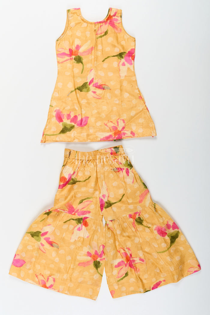 The Nesavu Girls Sharara / Plazo Set Sharara Outfits for Girls in Viscose Silk with Yellow Floral Print and Matching Dupatta Nesavu Nesavu Sharara Outfits for Girls in Yellow Floral Digital Print with Viscose Silk and Dupatta