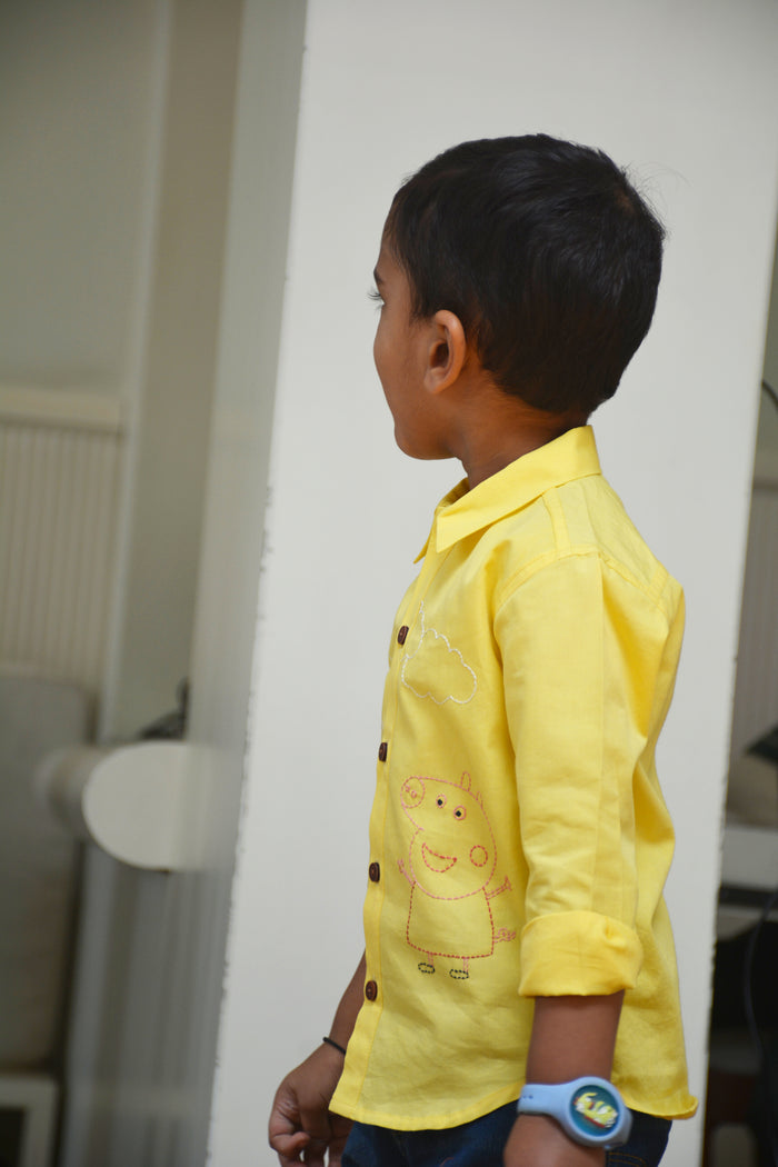 Sibling Pigs Embroidered Unisex Shirt - Yellow (1-8 Years)