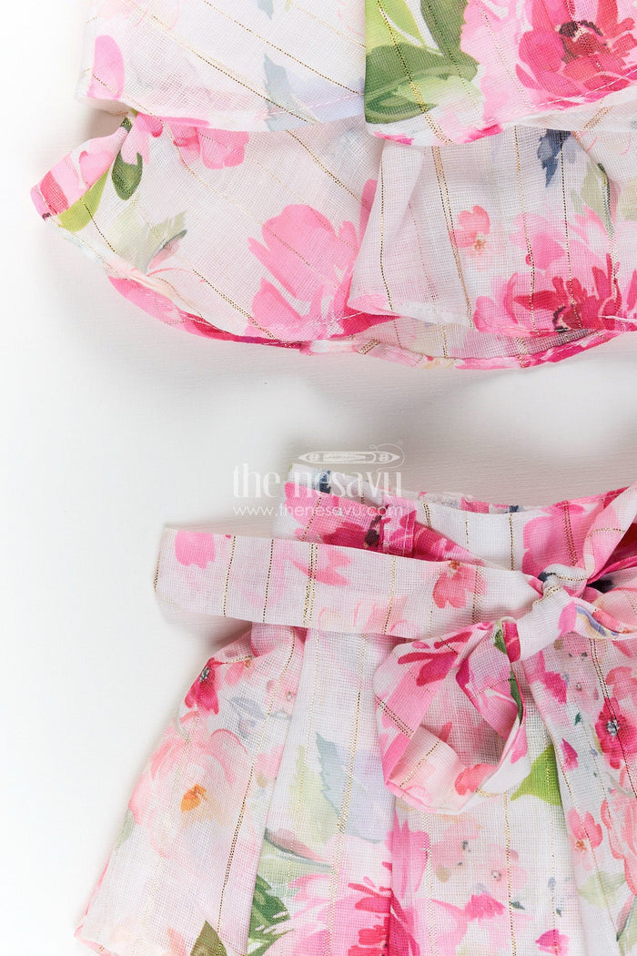 The Nesavu Sleeveless floral casual set for toddler girls for outings and summer wear Nesavu Nesavu toddler girls floral casual set bow belt comfy outfit outings summer fun